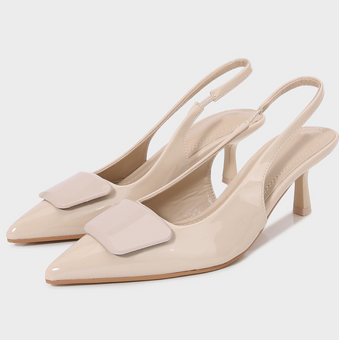Light Beige Square Buckle Heeled Sandals