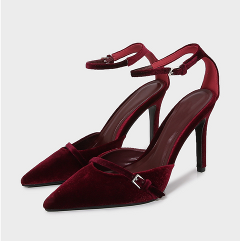 Wine Red Velvet Pointed-toe Sandals