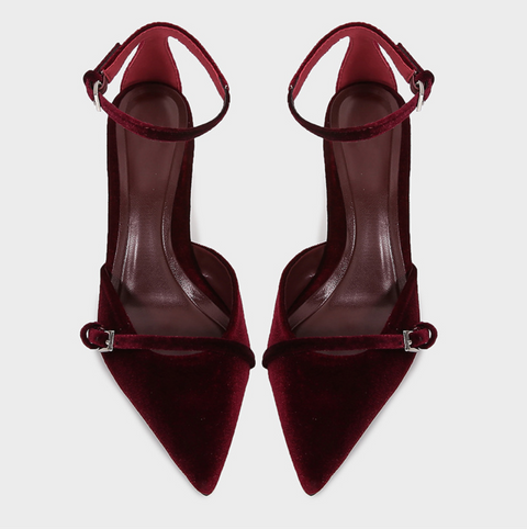 Wine Red Velvet Pointed-toe Sandals