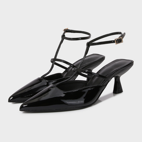 Pointed-toe Hollow Patent Leather Sandals