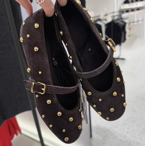 Studded Leather Brown Buckled Flats