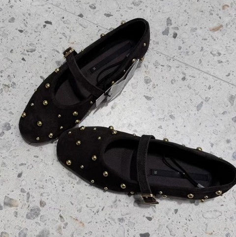Studded Leather Brown Buckled Flats