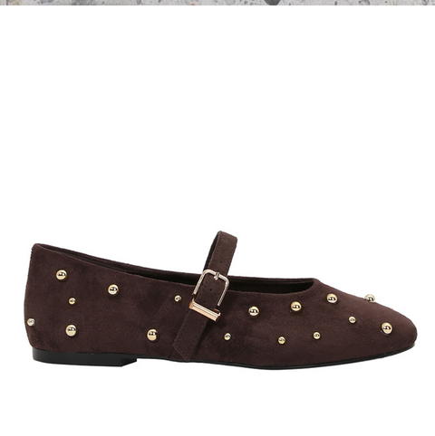 Studded Leather Brown Buckled Flats