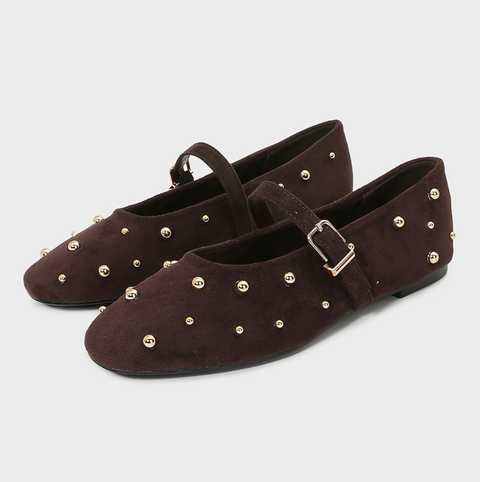Studded Leather Brown Buckled Flats