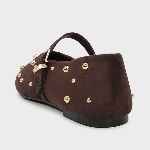 Studded Leather Brown Buckled Flats