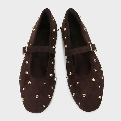 Studded Leather Brown Buckled Flats