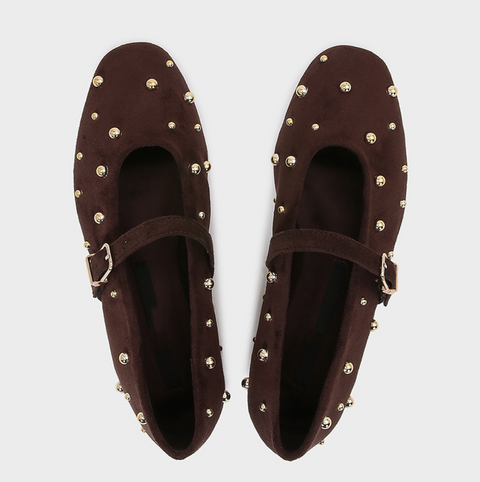 Studded Leather Brown Buckled Flats