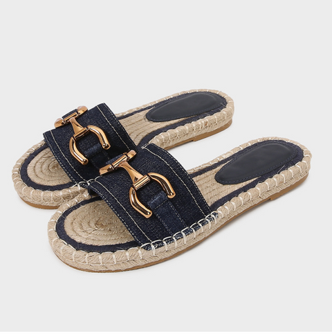 Denim Upper Straw Horsebit Slippers