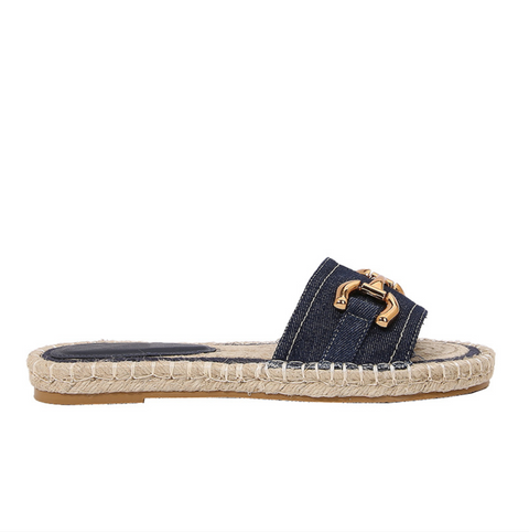 Denim Upper Straw Horsebit Slippers