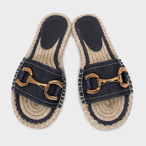 Denim Upper Straw Horsebit Slippers