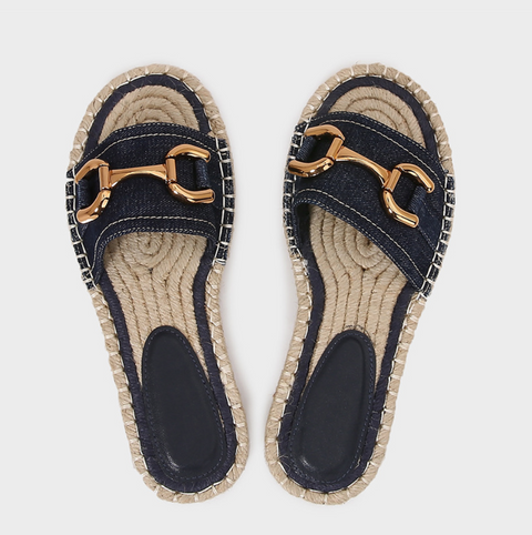 Denim Upper Straw Horsebit Slippers