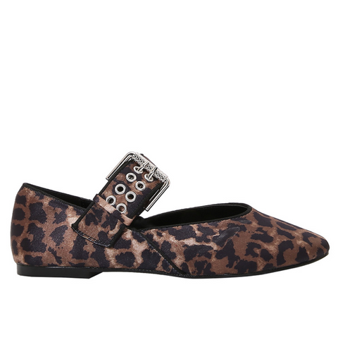 Leopard Printed Round-toe Buckled Flats