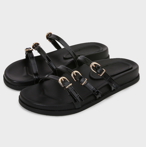 Triple Buckled Straps Black Slippers