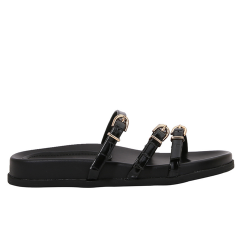 Triple Buckled Straps Black Slippers