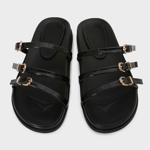 Triple Buckled Straps Black Slippers
