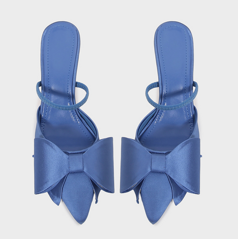Blue Satin Textured Bow Shallow Sandals