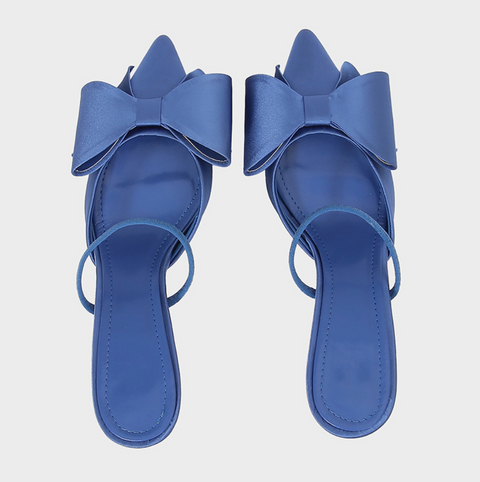 Blue Satin Textured Bow Shallow Sandals