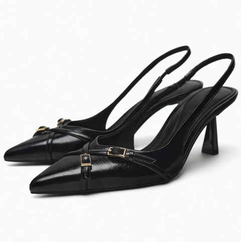 Pointed-toe Cross Buckled Black Sandals