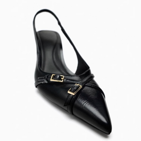 Pointed-toe Cross Buckled Black Sandals