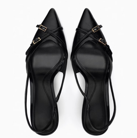 Pointed-toe Cross Buckled Black Sandals