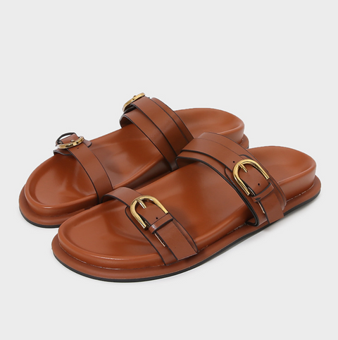 Brown Leather Belt Buckled Chunky Slippers
