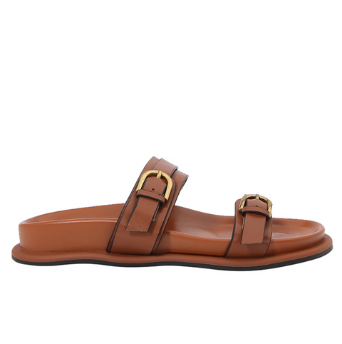 Brown Leather Belt Buckled Chunky Slippers