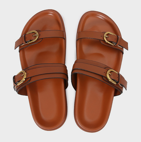 Brown Leather Belt Buckled Chunky Slippers