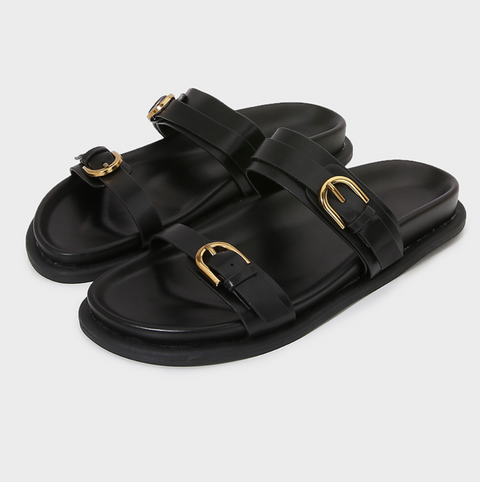 Brown Leather Belt Buckled Chunky Slippers