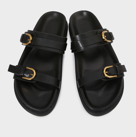 Brown Leather Belt Buckled Chunky Slippers