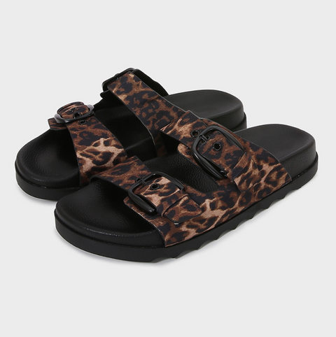 Double Buckled Leopard Printed Slippers