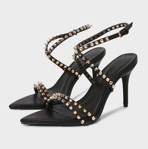 Studded Thin Strip Black Sandals