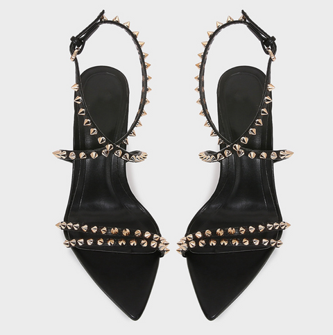 Studded Thin Strip Black Sandals