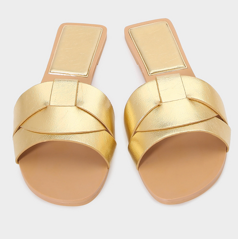 Square-toe Cross Strap Flat Slippers