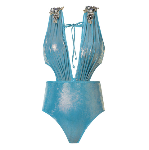 Rhinestone Studded Blue One-piece Swimwear