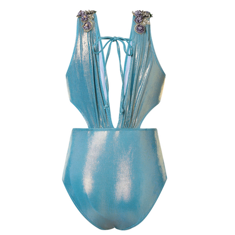 Rhinestone Studded Blue One-piece Swimwear