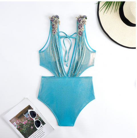 Rhinestone Studded Blue One-piece Swimwear