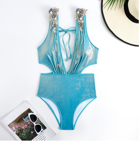 Rhinestone Studded Blue One-piece Swimwear