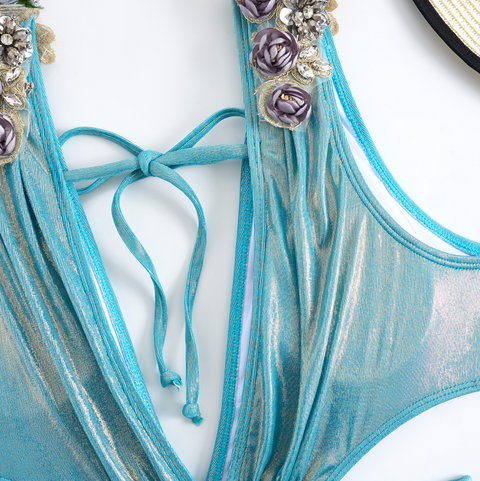 Rhinestone Studded Blue One-piece Swimwear