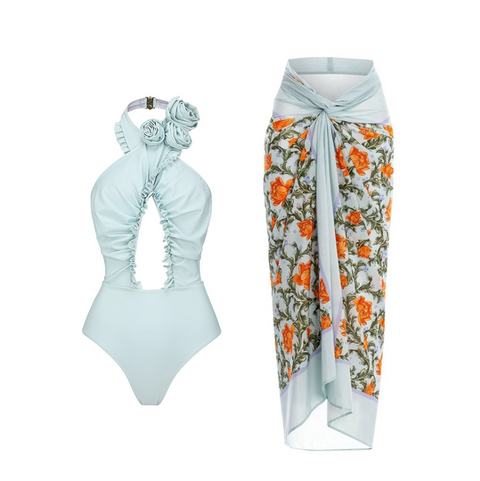 Hollowed One-piece Swimwear & Floral Skirt