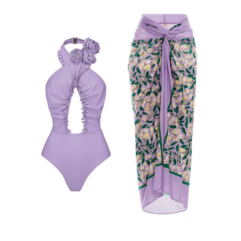 Hollowed One-piece Swimwear & Floral Skirt