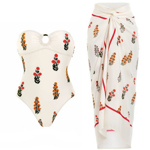 3D Flower One-piece Swimwear & Skirt