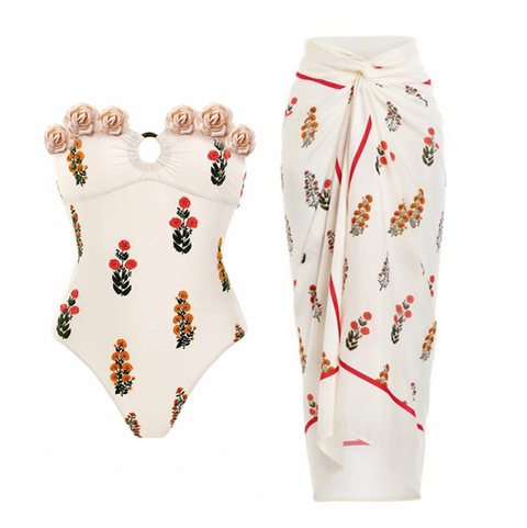 3D Flower One-piece Swimwear & Skirt