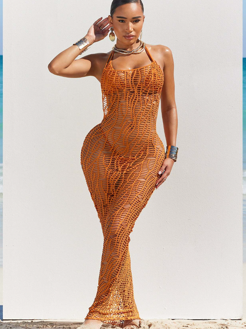 Halter Bikini & Hollowed Backless Dress Beach 3Pcs