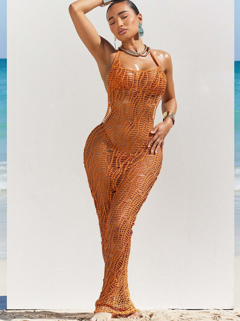 Halter Bikini & Hollowed Backless Dress Beach 3Pcs