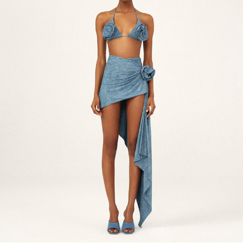 3D Flower Denim Blue Swimwear Set