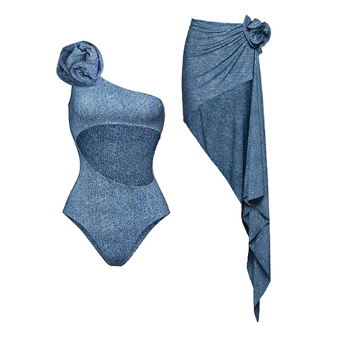 3D Flower Denim Blue Swimwear Set