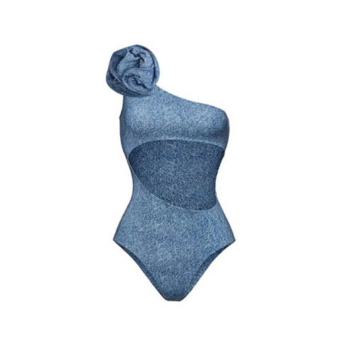 3D Flower Denim Blue Swimwear Set