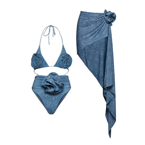 3D Flower Denim Blue Swimwear Set