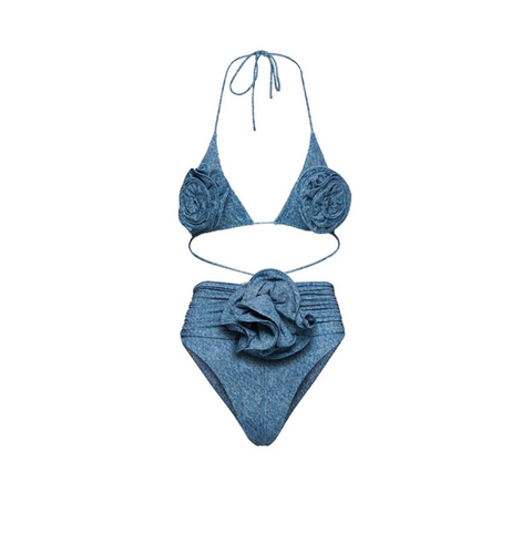 3D Flower Denim Blue Swimwear Set