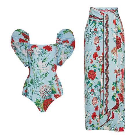 Puffy Floral One-piece Swimwear & Wrap Skirt